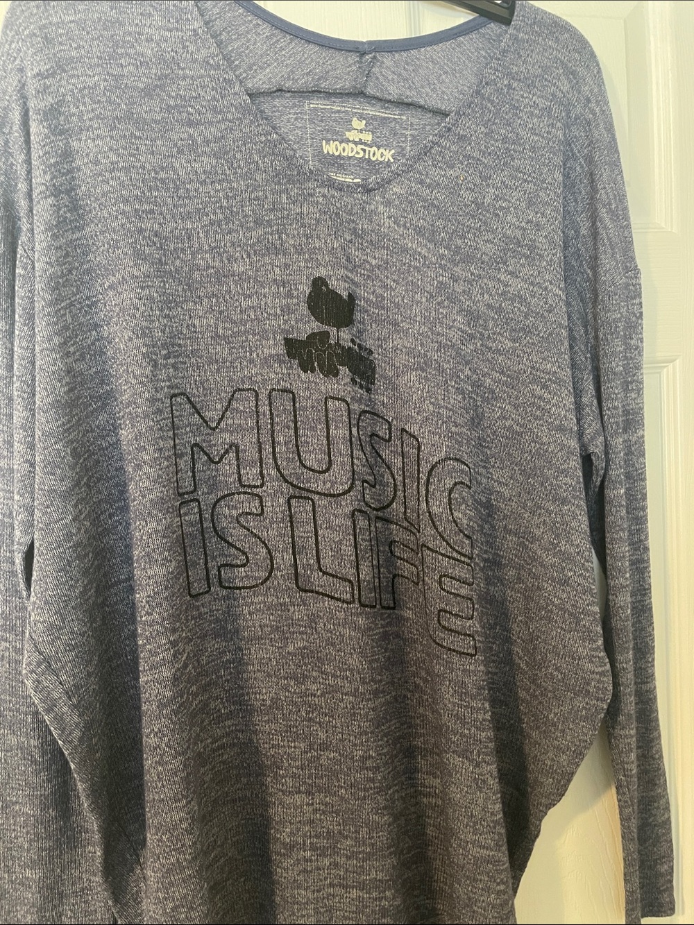 Women’s  Heather Blue Crewneck Sweater - 'Music Is Life' Graphic